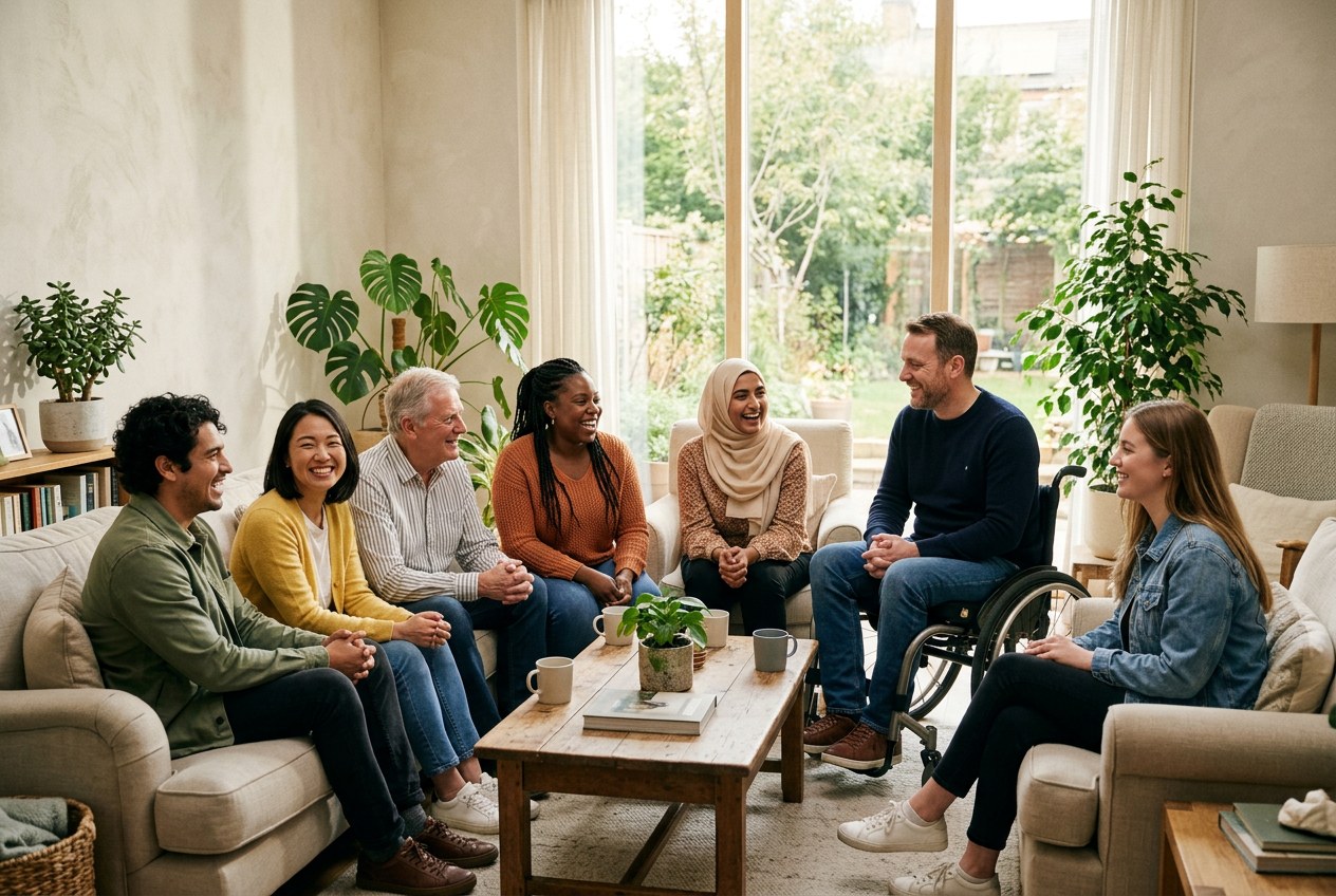 A warm, diverse HEARD community of people of different ages, ethnicities and abilities gathered in conversation, sharing support and belonging